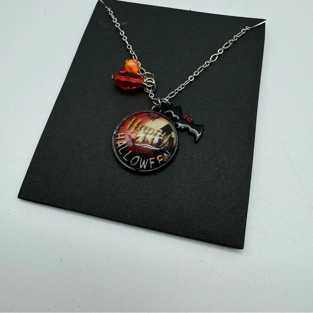 Halloween Necklace 18 inches with Extender Black Silver Orange Costume Jewelry - Picture 2 of 5